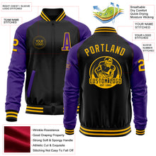 Load image into Gallery viewer, Custom Black Gold-Purple Bomber Varsity Letterman Two Tone Zipper Jacket
