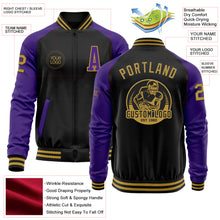 Загрузить изображение в средство просмотра галереи, Custom Black Old Gold-Purple Bomber Varsity Letterman Two Tone Zipper Jacket
