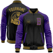 Загрузить изображение в средство просмотра галереи, Custom Black Old Gold-Purple Bomber Varsity Letterman Two Tone Zipper Jacket
