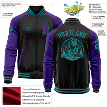 Laden Sie das Bild in den Galerie-Viewer, Custom Black Teal-Purple Bomber Varsity Letterman Two Tone Zipper Jacket
