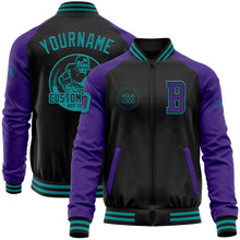 Laden Sie das Bild in den Galerie-Viewer, Custom Black Teal-Purple Bomber Varsity Letterman Two Tone Zipper Jacket
