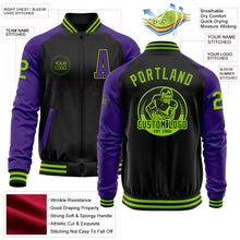 Load image into Gallery viewer, Custom Black Neon Green-Purple Bomber Varsity Letterman Two Tone Zipper Jacket
