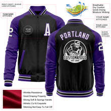 Загрузить изображение в средство просмотра галереи, Custom Black White-Purple Bomber Varsity Letterman Two Tone Zipper Jacket
