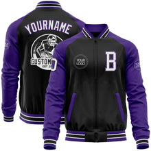 Load image into Gallery viewer, Custom Black White-Purple Bomber Varsity Letterman Two Tone Zipper Jacket
