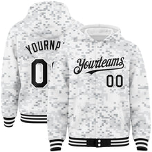 Загрузить изображение в средство просмотра галереи, Custom Camo Black-White Arctic Camouflage 3D Bomber Full-Snap Varsity Letterman Salute To Service Hoodie Jacket
