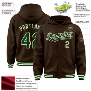 Custom Brown Green-Cream Bomber Full-Snap Varsity Letterman Hoodie Jacket