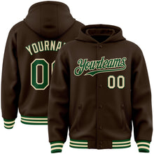 Загрузить изображение в средство просмотра галереи, Custom Brown Green-Cream Bomber Full-Snap Varsity Letterman Hoodie Jacket
