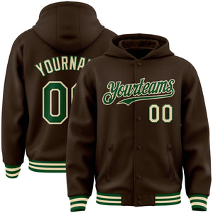 Custom Brown Green-Cream Bomber Full-Snap Varsity Letterman Hoodie Jacket