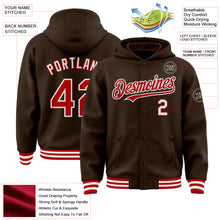 Загрузить изображение в средство просмотра галереи, Custom Brown Red-White Bomber Full-Snap Varsity Letterman Hoodie Jacket
