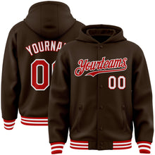 Загрузить изображение в средство просмотра галереи, Custom Brown Red-White Bomber Full-Snap Varsity Letterman Hoodie Jacket
