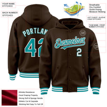 Загрузить изображение в средство просмотра галереи, Custom Brown Teal-White Bomber Full-Snap Varsity Letterman Hoodie Jacket
