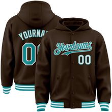 Загрузить изображение в средство просмотра галереи, Custom Brown Teal-White Bomber Full-Snap Varsity Letterman Hoodie Jacket
