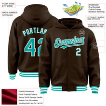 Загрузить изображение в средство просмотра галереи, Custom Brown Aqua-White Bomber Full-Snap Varsity Letterman Hoodie Jacket
