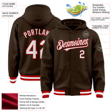 Загрузить изображение в средство просмотра галереи, Custom Brown White-Red Bomber Full-Snap Varsity Letterman Hoodie Jacket
