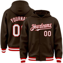 Загрузить изображение в средство просмотра галереи, Custom Brown White-Red Bomber Full-Snap Varsity Letterman Hoodie Jacket
