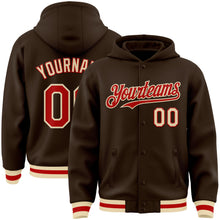 Загрузить изображение в средство просмотра галереи, Custom Brown Red-Cream Bomber Full-Snap Varsity Letterman Hoodie Jacket
