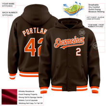 Загрузить изображение в средство просмотра галереи, Custom Brown Orange-White Bomber Full-Snap Varsity Letterman Hoodie Jacket
