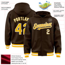 Загрузить изображение в средство просмотра галереи, Custom Brown Gold-White Bomber Full-Snap Varsity Letterman Hoodie Jacket
