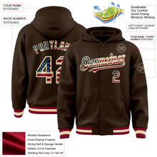 Загрузить изображение в средство просмотра галереи, Custom Brown Vintage USA Flag Cream-Maroon Bomber Full-Snap Varsity Letterman Hoodie Jacket
