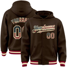 Загрузить изображение в средство просмотра галереи, Custom Brown Vintage USA Flag Cream-Maroon Bomber Full-Snap Varsity Letterman Hoodie Jacket
