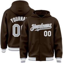 Загрузить изображение в средство просмотра галереи, Custom Brown Gray-White Bomber Full-Snap Varsity Letterman Hoodie Jacket
