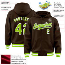 Загрузить изображение в средство просмотра галереи, Custom Brown Neon Green-White Bomber Full-Snap Varsity Letterman Hoodie Jacket
