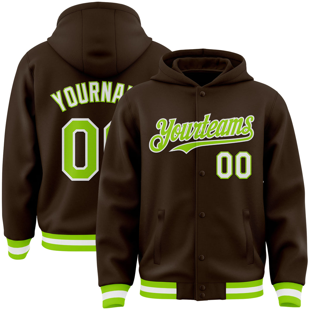 Custom Brown Neon Green-White Bomber Full-Snap Varsity Letterman Hoodie Jacket