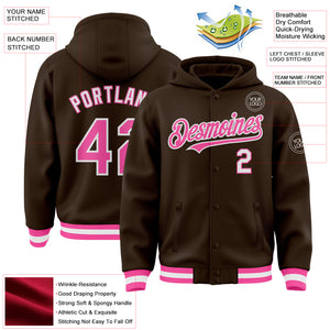 Custom Brown Pink-White Bomber Full-Snap Varsity Letterman Hoodie Jacket