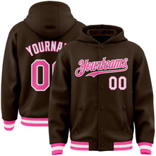 Загрузить изображение в средство просмотра галереи, Custom Brown Pink-White Bomber Full-Snap Varsity Letterman Hoodie Jacket
