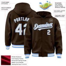 Загрузить изображение в средство просмотра галереи, Custom Brown White-Light Blue Bomber Full-Snap Varsity Letterman Hoodie Jacket
