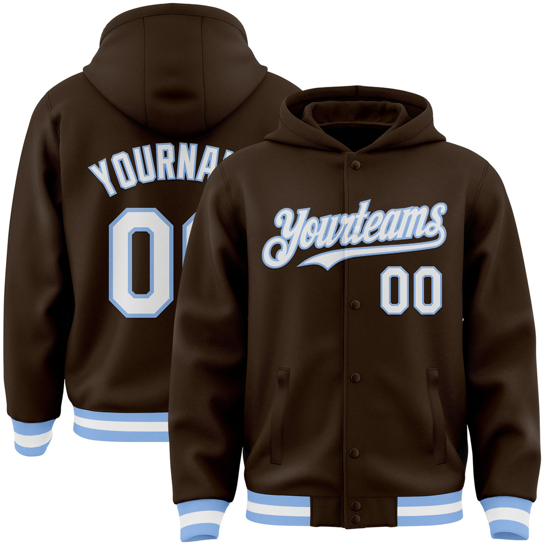 Custom Brown White-Light Blue Bomber Full-Snap Varsity Letterman Hoodie Jacket