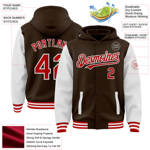 Custom Brown Red-White Bomber Full-Snap Varsity Letterman Two Tone Hoodie Jacket