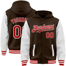 Загрузить изображение в средство просмотра галереи, Custom Brown Red-White Bomber Full-Snap Varsity Letterman Two Tone Hoodie Jacket
