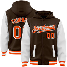 Загрузить изображение в средство просмотра галереи, Custom Brown Orange-White Bomber Full-Snap Varsity Letterman Two Tone Hoodie Jacket
