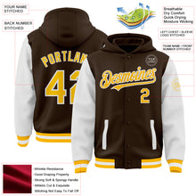 Загрузить изображение в средство просмотра галереи, Custom Brown Gold-White Bomber Full-Snap Varsity Letterman Two Tone Hoodie Jacket
