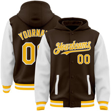 Загрузить изображение в средство просмотра галереи, Custom Brown Gold-White Bomber Full-Snap Varsity Letterman Two Tone Hoodie Jacket
