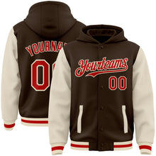 Загрузить изображение в средство просмотра галереи, Custom Brown Red-Cream Bomber Full-Snap Varsity Letterman Two Tone Hoodie Jacket
