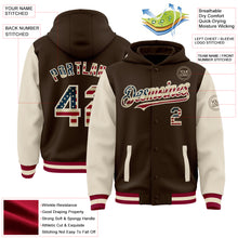 Загрузить изображение в средство просмотра галереи, Custom Brown Vintage USA Flag Cream-Maroon Bomber Full-Snap Varsity Letterman Two Tone Hoodie Jacket
