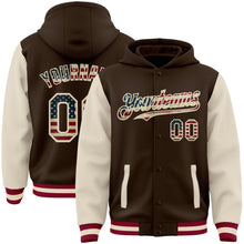 Загрузить изображение в средство просмотра галереи, Custom Brown Vintage USA Flag Cream-Maroon Bomber Full-Snap Varsity Letterman Two Tone Hoodie Jacket
