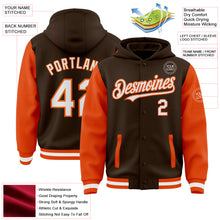 Загрузить изображение в средство просмотра галереи, Custom Brown White-Orange Bomber Full-Snap Varsity Letterman Two Tone Hoodie Jacket
