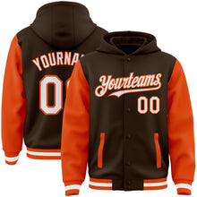 Загрузить изображение в средство просмотра галереи, Custom Brown White-Orange Bomber Full-Snap Varsity Letterman Two Tone Hoodie Jacket
