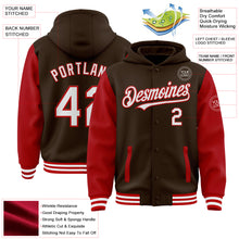 Загрузить изображение в средство просмотра галереи, Custom Brown White-Red Bomber Full-Snap Varsity Letterman Two Tone Hoodie Jacket
