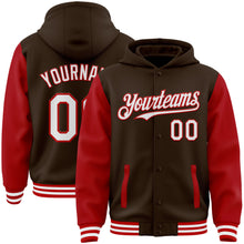 Загрузить изображение в средство просмотра галереи, Custom Brown White-Red Bomber Full-Snap Varsity Letterman Two Tone Hoodie Jacket
