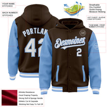 Загрузить изображение в средство просмотра галереи, Custom Brown White-Light Blue Bomber Full-Snap Varsity Letterman Two Tone Hoodie Jacket
