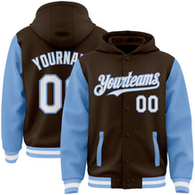 Загрузить изображение в средство просмотра галереи, Custom Brown White-Light Blue Bomber Full-Snap Varsity Letterman Two Tone Hoodie Jacket
