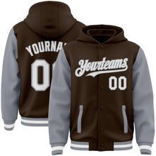 Загрузить изображение в средство просмотра галереи, Custom Brown White-Gray Bomber Full-Snap Varsity Letterman Two Tone Hoodie Jacket
