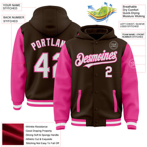 Custom Brown White-Pink Bomber Full-Snap Varsity Letterman Two Tone Hoodie Jacket