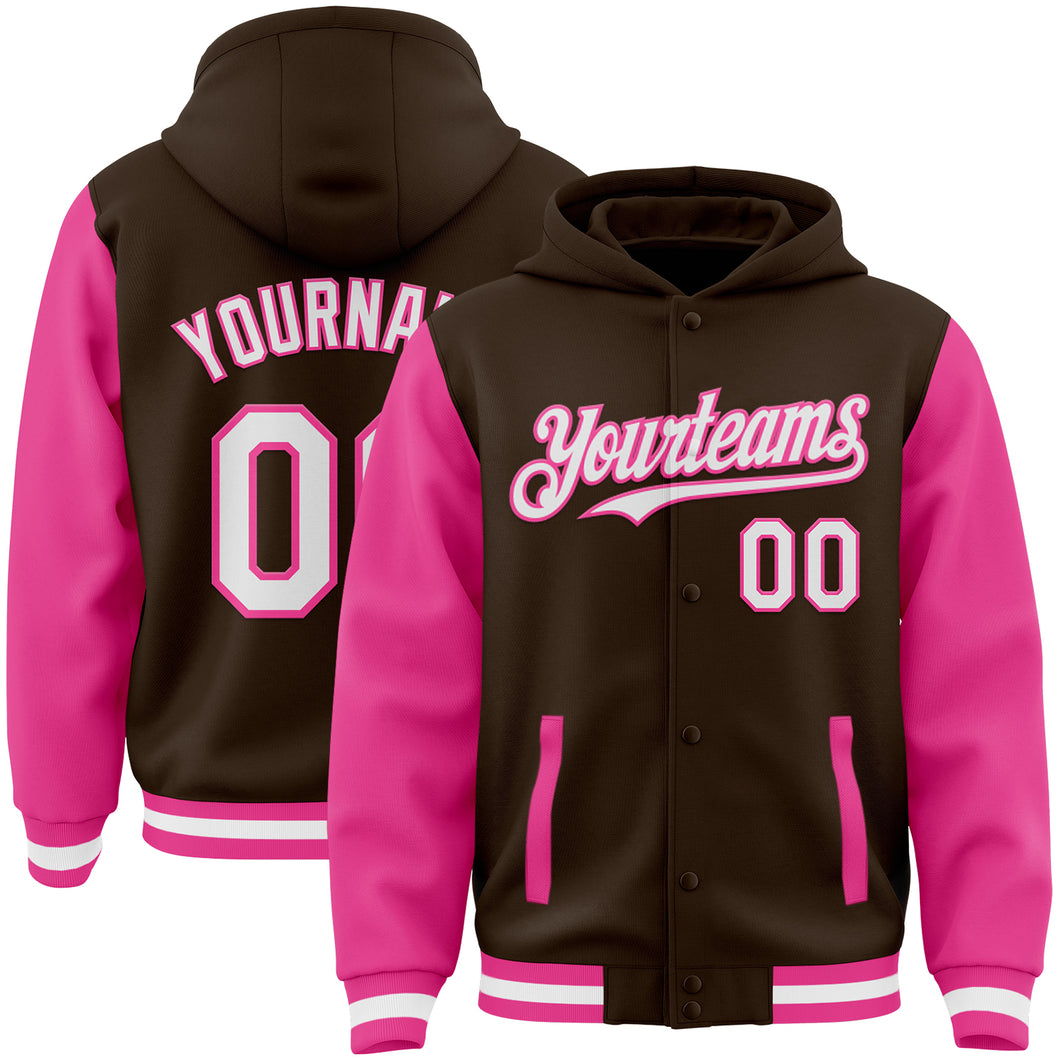 Custom Brown White-Pink Bomber Full-Snap Varsity Letterman Two Tone Hoodie Jacket