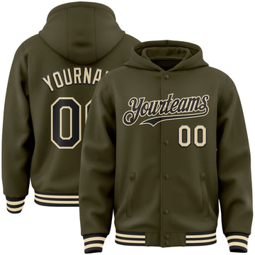 Custom Olive Black-Cream Bomber Full-Snap Varsity Letterman Salute To Service Hoodie Jacket