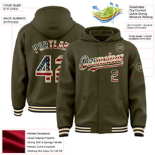 Загрузить изображение в средство просмотра галереи, Custom Olive Vintage USA Flag Cream-Black Bomber Full-Snap Varsity Letterman Salute To Service Hoodie Jacket
